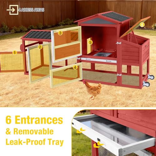 Aivituvin 83in Chicken Coop Mobile Hen House Outdoor Wooden Poultry Cage with Wheels Nesting Box Run for 4-6 Chickens Red - color: Red, size: 83.3"L x 26.0"W x 42.0"H