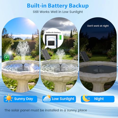Antfraer 7W Solar Fountain Pump with 3600mAh Battery Backup & Pond Filter, Solar Water Fountain Pump with 8 Nozzles & PVC Tubing, Solar Fountain for Bird Bath, Small Ponds, Waterfall, Hydroponics - style: 7W （Built-in Battery）