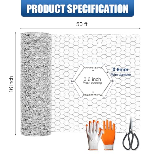 Chicken Wire,16"×50FT Hexagonal Chicken Wire Fencing Mesh for Garden Craft | Hot-dip Galvanized Chicken Wire, Sturdy Chicken Wire Roll Plant Protector,Rabbit Fence, Wire Fence Rolls for Craft Projects - size: 16*50ft