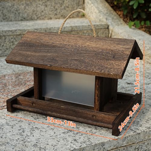 Hanging Wooden Bird Feeder Outdoor Large Capacity Wood Birdfeeder with Surface Treatment for Feeding Outside Garden Wild Birds Finches Robin Sparrow Blue Jay Chickadees - color: Dark Wood Color