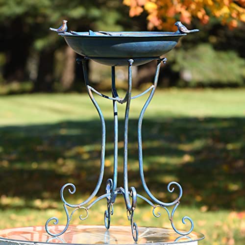 Zaer Ltd. Deep Well Made Metal Birdbath with 2 Cast Iron Birds and Leaf Decoration (Frosted Blue) - color: Frosted Blue