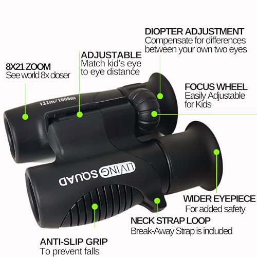 Kids Binoculars Ages 3-12, 8x21 Compact Shockproof Black | bird watching, camping, hiking, for boys, includes carry case, neck strap, compass, carabiner, high resolution optics - color: Black/Black