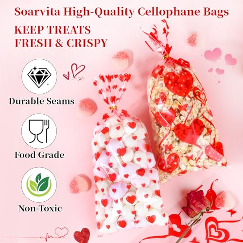 Soarvita 50PCS Valentine Goodie Bags – 5 x 11 Inch Red Heart Valentine Cellophane Treat Bags with 60 Twist Ties, Valentine's Day Candy Bags for Kids Classroom Exchange, Cookies, Gifts & Party Favors - color: Valentines-50pcs