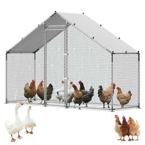 VEVOR Large Metal Chicken Coop,9.8 x 3.3 x 6.6 ft, Walk-in Chicken Run House with Waterproof Cover & Sturdy Frame, Spire Roof Poultry Cage Duck Pen for Rabbit Hen Goose Outdoor Backyard Farm Use - size: 118.1"L x 39.4"W x 78.7"H