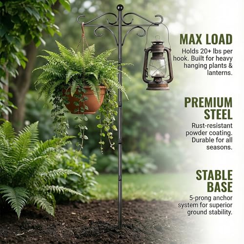 76" Double Shepherds Hooks for Outdoor | Bird Feeder Pole with 5 Prong Base, Metal Hooks for Hanging Plant Baskets, Solar Lanterns & Hummingbird Feeders - size: 76 Inch