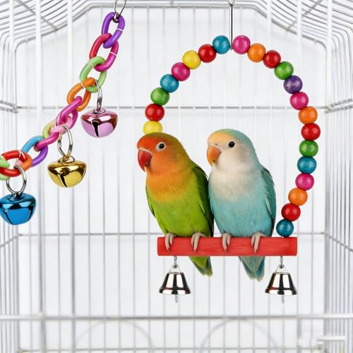 Bird Toys cage Accessories Parakeet Parrot Swing Wood Stand Perch with Mirror Climbing Ladder Interactive Hanging Toy for Budgerigar Conure Cockatiel mynah Finches