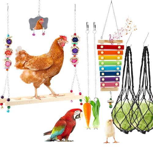 8PCS Chicken Toys for Coop Accessories, Chicken Swing, Xylophone, Mirror, Vegetable Hanging Feeder, Fruit Rack for Poultry Rooster Large Bird Parrot Lovers’ Entertainment Gift