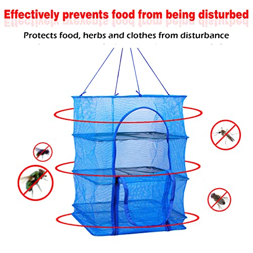Drying Rack 4 Layers Folding Mesh, Foldable Nylon Netting, Hanging Drying Net, for Shrimp, Fish, Fruit, Vegetables, Herb, with Zipper Opening - Blue (25.59X13.78X13.78 in) - size: 4 Layers