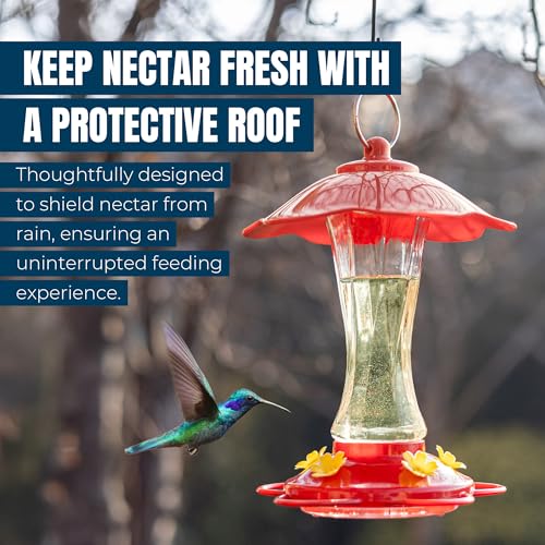MEKKAPRO Glass Hummingbird Feeder 2-Pack 10 oz Red Outdoor, Easy Assemble | Built With A Metal Ring, This Red Hummingbird Feeder Duo Provides Bee-proof Glass Design For Outdoor Spaces - color: Modern, size: 10oz