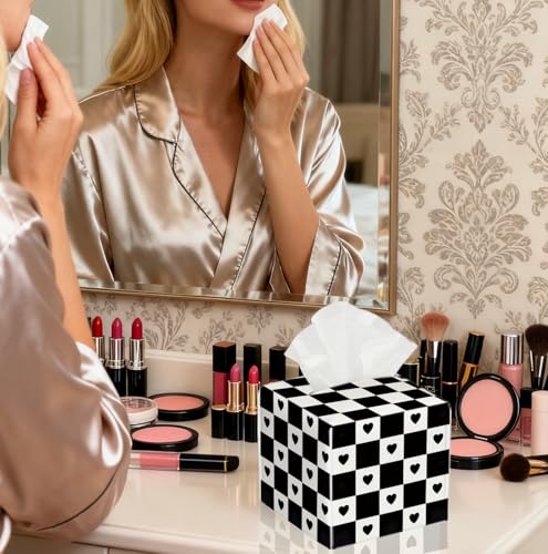 Checkerboard Heart Tissue Box Cover, PU Leather Holder Decor for Living Room/Bathroom/Kitchen, Gift for Style-Focused Homeowners, Gift for Goth Alternative Style Lovers & Self - Expression. - color: White Decoration Theme-04