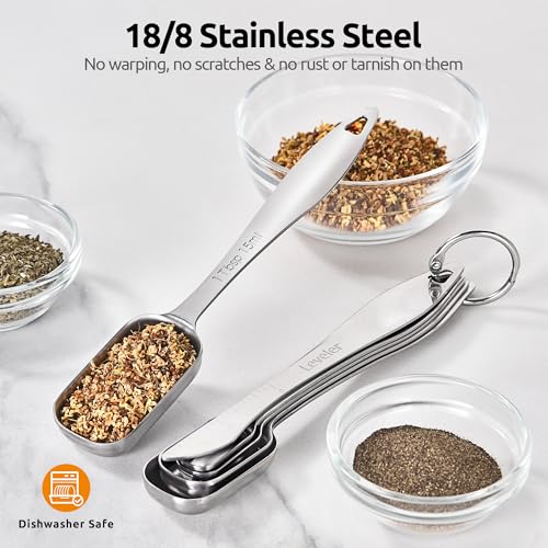 U-Taste 600ºF Heat Resistant Silicone Turners, 13.6in Long Solid & Slotted Kitchen Spatula, and 18/8 Stainless Steel Square Measuring Spoons Set of 8 (Purple+Silver)