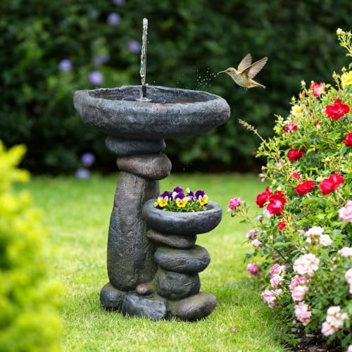 Solar Water Fountain for Bird Bath, Solar Powered Freestanding Water Feature with LED Lights, Multi-Tier Stacked Stone Bird Feeder & Planter for Yard, Porch and Outside Decor - color: Grey-23 in