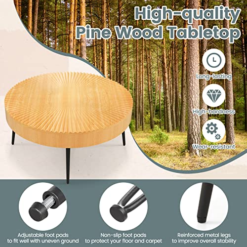 COSTWAY Farmhouse Round Coffee Table Set of 2, Rustic Sofa Side Tea Tables w/Wood Finish, Metal Frame, Adjustable Foot Pads, Nesting End Table Set for Living Room, Bedroom (Radial Pattern, Natural) - color: Natural, style: Radial Pattern