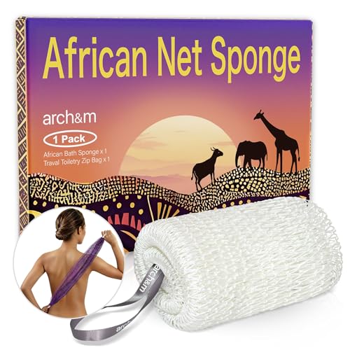 ARCH&M Authentic African Net Sponge Afro Scrub | 53" Long Exfoliating Back Scrubber, Quick-Dry Shower Loofah, For Women and Men Daily Use, Gentle on Sensitive Skin - color: Off-white
