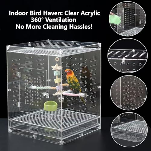 Clear Acrylic Bird Cage for Small Birds, Transparent Display Habitat for Canary, Parakeet - Easy to Clean & Assemble (14x15x20in) - size: 14"L x 15"W x 20"H