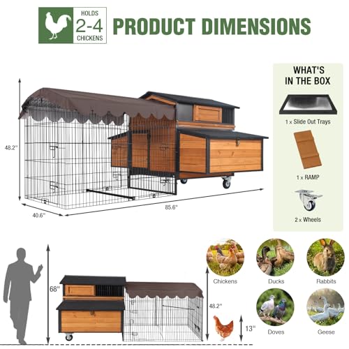 GUTINNEEN Large Chicken Coop with Run, Mobile Chicken Tractor for 6-8 Chickens, Upgraded Metal Frame Hen House with Wheels, 6 Nesting Boxes, Metal Pull-Out Tray, Asphalt Roof - size: 76.65"L x 53.81"W x 36.81"H