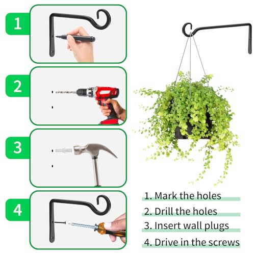 Plant Hangers Outdoor, 2 Pack 10 Inch Plant Hooks for Wall Hanging Plants | Metal Hanging Plant Bracket. Holds up to 48 lbs. For Hanging Plants, Bird Feeder, Flower Basket, Wind Chimes, Indoor Outdoor - size: 10 inches