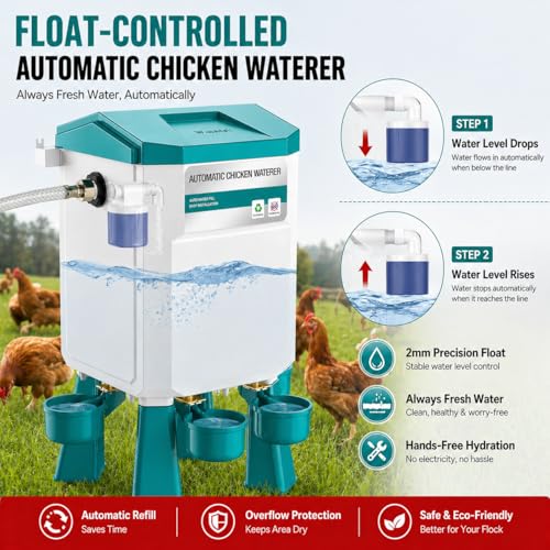 Automatic Chicken Waterer 2 Gallons, Chicken Water Feeder with Float Valve & 4 Water Cups, 13FT Hose Poultry Waterer System, Chicken Coop Water Dispenser for Chickens Ducks Quail Turkey (Blue, 2 GAL)