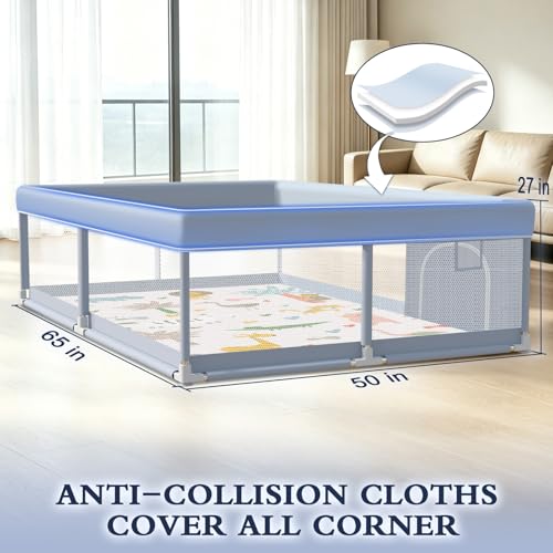 XVISHX 65 x 50 Inch Baby Playpen with Mat, Playpen for Babies and Toddlers, Baby Play Pen Playard for Indoor & Outdoor Active Center Game Fence, Skin-Friendly Fabric and Soft Breathable Mesh, Grey - size: 65 × 50 Inch With MAT