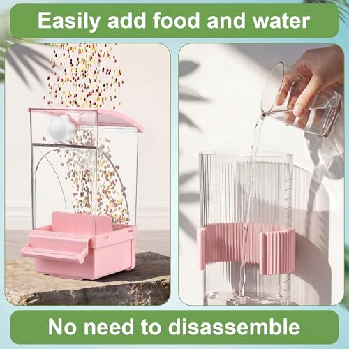 Novabright No Mess Bird Feeder Water Dispenser Set, Automatic Transparent Bird Food Container and 12 oz Automatic Water Feeder for Small Birds Parrot, Cockatoo, Canary, Cage, Lovebird, Budgies (Pink) - color: Pink
