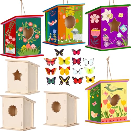 Outus 12 Pcs Wooden Birdhouse Craft Kits to Build, 4 Shapes Wooden Unfinished Bird House with Butterfly Sticker for and Arts Crafts Bulk Painting Kits(Stylish) - style: Stylish