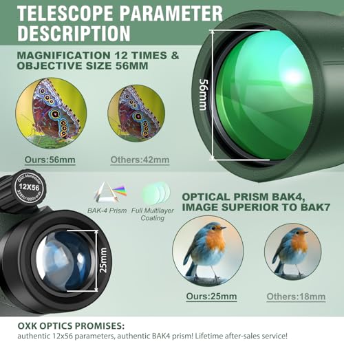12x56 High Power Monocular Telescope for Adults with Smartphone Adapter | Large BAK4 Prism & FMC Lens Monoculars, Comes with Tripod Travel Bag, Suitable for Bird Watching Hunting Hiking Camping Gift