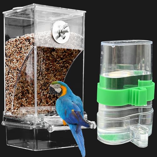 No Mess Bird Feeder Water Dispenser Set Automatic Transparent Parrot Feeder | Acrylic Parrot Food Container Drinker Cage Accessories for Small Birds Parakeet Canary Finch Cockatiel Lovebirds - color: Green