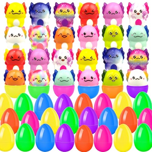 24 Pack Prefilled Easter Eggs With Toys Slow Rising Squishy Axolotl, Kids Easter Basket Stuffers for Boys Girls, Non Candy Easter Gifts for Kids Egg Hunt Supplies Party Favors