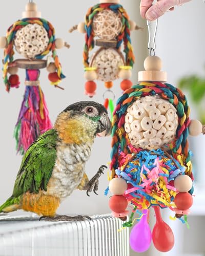 Bissap 3PCS Bird Parrot Foraging Shredder Hanging Toys Sola Balls with Sand Hammer for Small Parrots Parakeets Conures Cockatiels Love Birds Cage Toy - size: 3 PCS