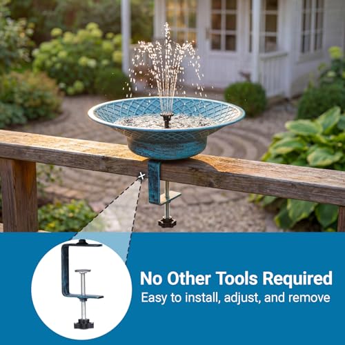 12.6" Solar Bird Bath for Deck Railing, Detachable Metal Bird Bath Bowl | Deck Bird Bathwith 3.5" Sturdy Clamp, Adjustable Deck Bird Feeder for Outside, 2-in-1 Bird Bath for Patio - color: Blue