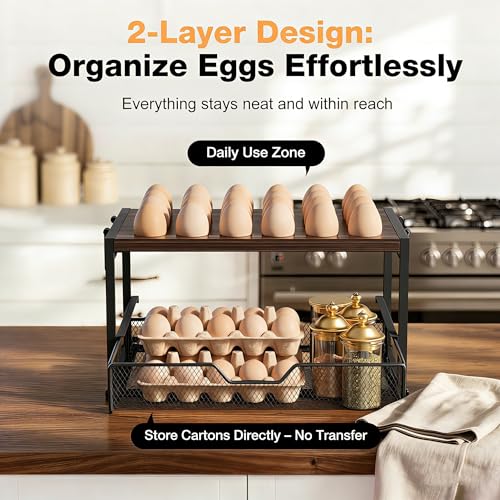 Compact 2-Tier Wooden Egg Holder with Basket, Holds 84+ Eggs | Wooden 2-tier egg holder with basket & carry handle , holds 24+60 chicken, duck & quail eggs - size: 2 Tiers