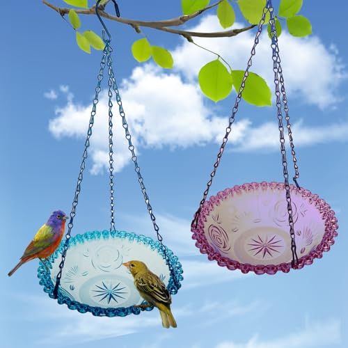 2 Pack Hanging Bird Baths Bowl Outdoor Feeder 15.8 Inch Metal Chains, Weather-Resistant Hanging Bird Feeder & Bath Tray for Garden Patio(Plastic Blue&Purple) - color: Blue&Purple