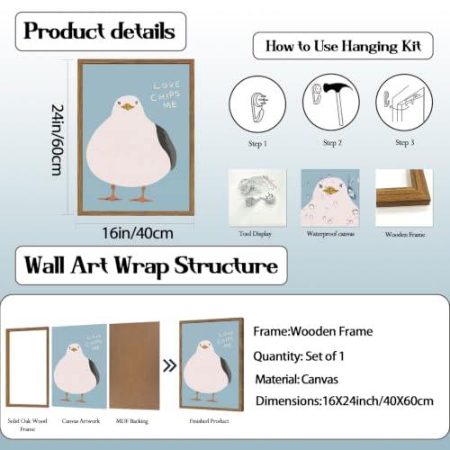 Funny Seagull Wall Art, Love Chips Me Quotes Wall Decor Painting Cute Beach Animal Poster Canvas Prints Picture for Living Room Bedroom Bathroom 16x24 inch Wood Framed - color: Animal-Z, size: 24"L x 16"W