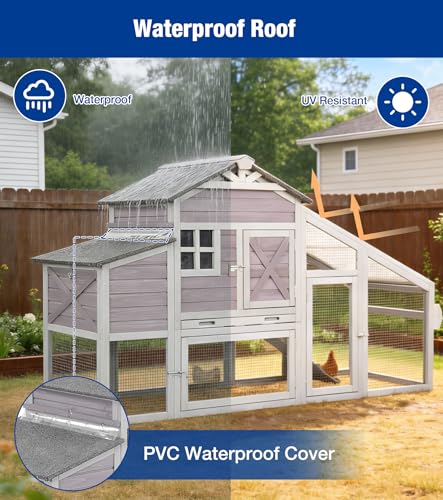 Mobile Chicken Coop with Run, Large Wooden Chicken House with Wheels, Duplex Hen House with Nesting Box, Slide-Out Tray, Waterproof Roof, Accommodates 2-4 Chickens - Grey - color: 73.4“L Light Grey
