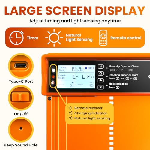 Okkobi Automatic Chicken Coop Door Solar Powered - LCD Display - Chicken Coop Door with Remote Control, Light Sensor & Timer - Anti-Pinch Function - 5-Year Protection - Autumn Ember - color: Autumn Ember