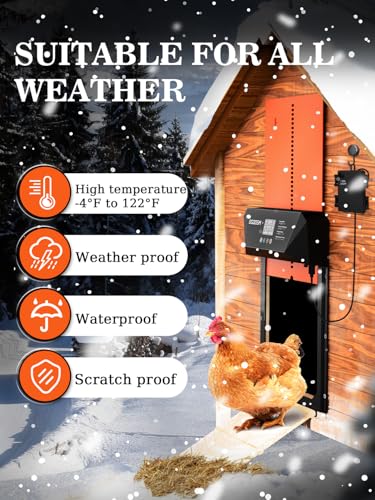 Automatic Chicken Coop Door, Aluminum Automatic Chicken Door with Anti-Pinch Feature, Timer and LCD Display (New-Orange)