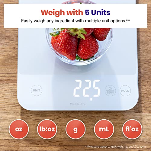 Etekcity 22lb Food Kitchen Scale, USB Rechargeable, IPX6 Waterproof | Digital scale with grams & ounces, 1g precision, 5 weight units, tare, ideal for baking and meal prep, White - color: Achromatic White