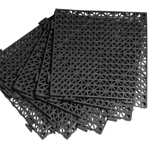 12” x 12” Drainage Interlocking Floor Mats 8 Pack for Outdoor and Indoor | Non-Slip Pool Deck Drain Mats Soft PVC Splicing Modular Cushion Rubber Flooring Tiles with Holes for Basement Garage Shed - size: Black
