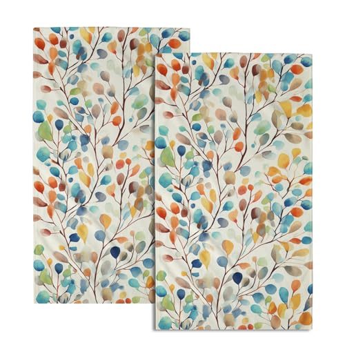 Colorful Leaves Floral Hand Towels Set of 2, Boho Spring Nature Plant Soft Absorbent Dish Fingertip Towel for Kitchen Bathroom Guest Gym Spa Bar - color: Colorful Leaves