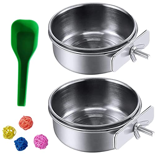 kathson Bird Feeding Dish Cups,Large Stainless Steel Parrot Food Water Bowl,Parakeet Feeder Birds Cage Ball Toys with Clamp Holder for Cockatiel Budgies Macaw Small Animal Chinchilla(7 Pcs) - size: 【L:5.5x2.0 Inches】