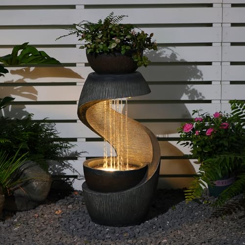 Outdoor Water Fountain with LED Lights, 31.9" Modern Resin Waterfall Fountain Outdoor, S-Shaped Garden Water Feature for Yard, Balcony, Home Decor, Patio Fountian and Waterfalls, Grey - color: Grey-2.66ft