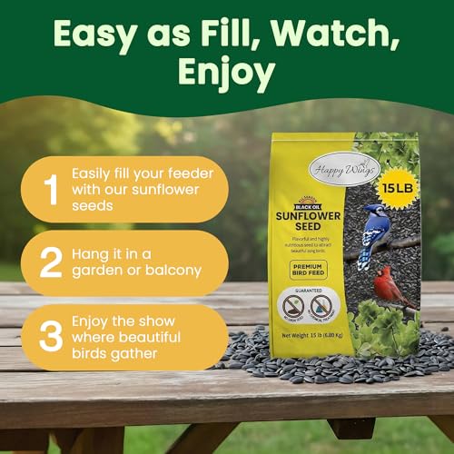 Happy Wings 15 LB Black Oil Sunflower Seeds Bird Food, No Waste Bird Seed - size: 15 Pound (Pack of 1)