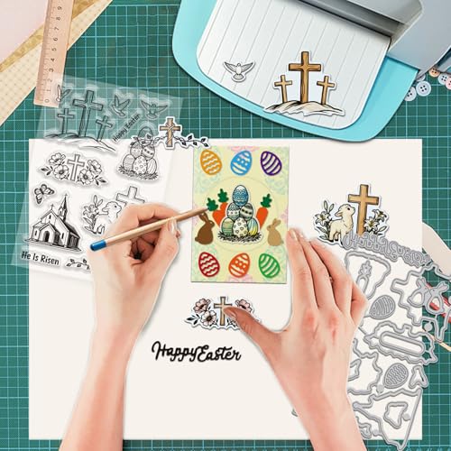 GLOBLELAND Easter Cross Clear Stamps and Metal Die Cuts Spring Easter Egg Transparent Stamp Peace Dove Cutting Dies for Card Making Embossing Scrapbooking - style: Easter Cross