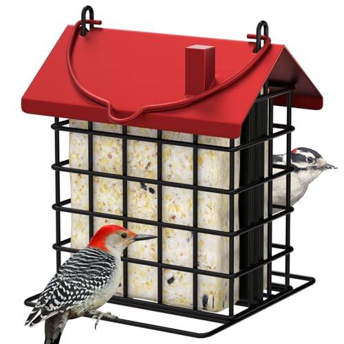Gbekery All-Metal Double Suet Bird Feeder for Outdoors Hanging, Suet Cake Cage Holder with Weather-Resistant Roof & Perch for Outside Garden, Red - color: Red
