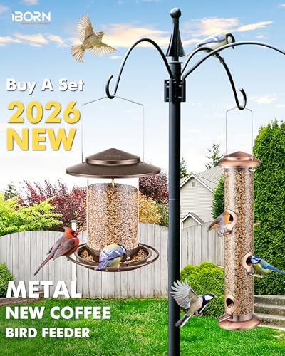 iBorn Bird Feeder for Outside Hanging,Bird Seed for Outside Wild Bird Feeders for Garden Yard Outdoor Decoration,Round Roof Design Coffee - color: Coffee,2.2LB,6Port