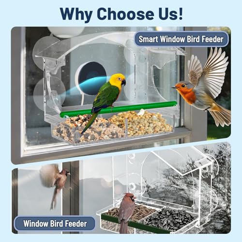 Window Bird Feeder with Camera, 1080P HD Birds Feeder with Night Vision, Real-Time APP Control, Weatherproof Clear Acrylic Birdhouse for Window, Bird Watching Gifts for Nature Lovers