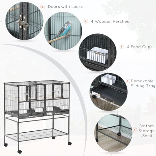 PawHut Divided Breeder Bird Cage with Rolling Stand Removable Metal Tray | Storage Shelf, Wood Perch, Food Container