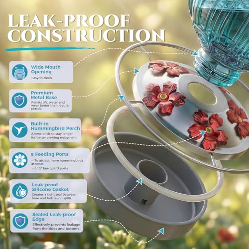 2 Pack Glass Hummingbird Feeder for Outdoors Hanging, Bird Nectar Feeder with Perch & 5 Flower Feeding Ports, 26 Oz Leak Proof for Outside Garden Decor Backyard, Gifts for Women Mom, Red + Blue - color: Red + Blue