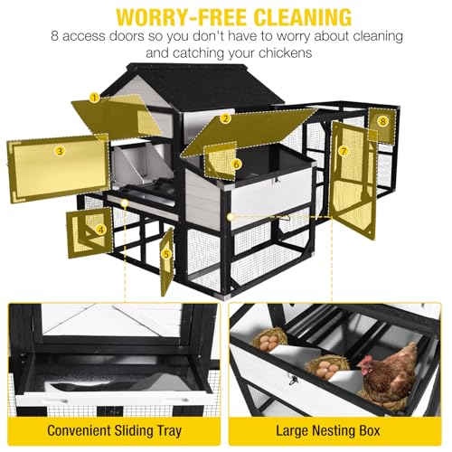 Aivituvin Extra Large Chicken Coop for 8-10 Chickens, Reinforced Outdoor Wooden Hen House with Run, 6 Nesting Boxes, Easy Clean Pull-Out Tray, Waterproof Asphalt Roof - Black, 118"L x 56.7"W x 50"H - size: 118.1"L x 56.7"W x 49.5"H