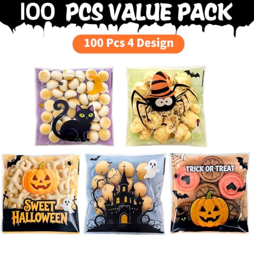 Halloween Self Sealing Cookie Bags - 100Pcs 4x4 Inch Clear Halloween Cellophane Treat Bags for Candy, Cookies, Party Favors & Gift Packaging, Plastic Halloween Goodie Bags for Kids Classroom Exchange - color: Halloween 100pcs